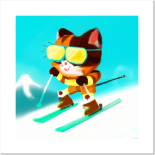 Cute Skiing Striped Cat Posters and Art